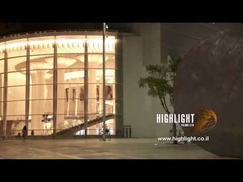 T 044 Israel Footage library: Tel Aviv footage - pan left over entrance to Habimah theatre at night