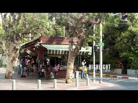 T 034 Israel Footage library: Tel Aviv footage - street corner cafe on Rothschild Avenue