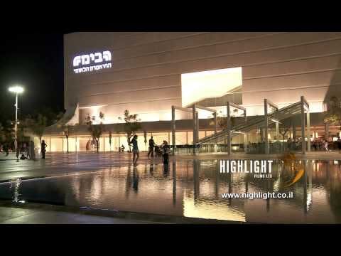 T 046 Israel Footage library: Tel Aviv footage - the facade of Habimah theatre at night
